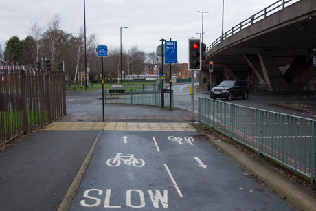 End of A34 Birmingham cycle superhighway, cyclists