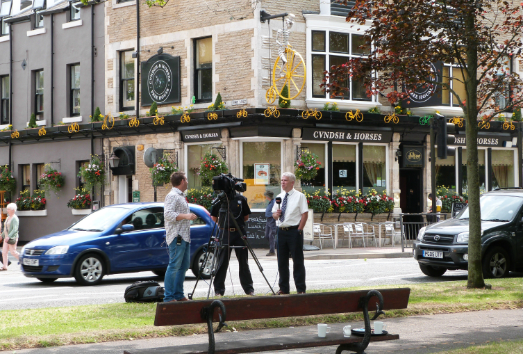 TV crew in front of the Cavendish & Horses pub