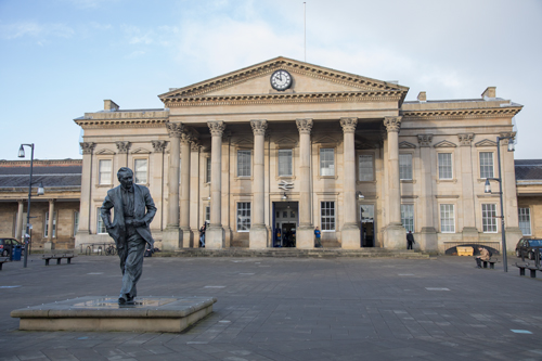Harold Wilson statue and Huddersfield Station
