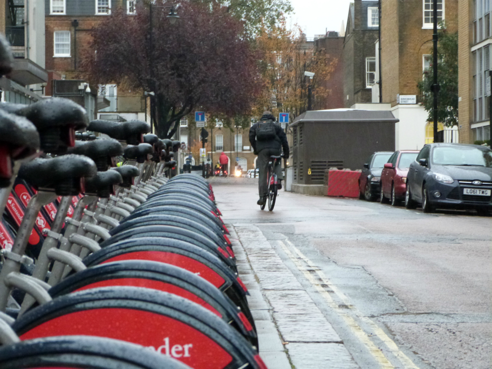 A Santander bike hire station near King's Cross
