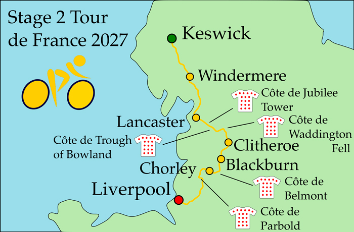 Map graphic showing route of Stage 2 Tour de France 2027