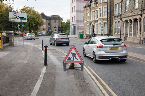 Roadworks sign obstructing E Parade cycle lane