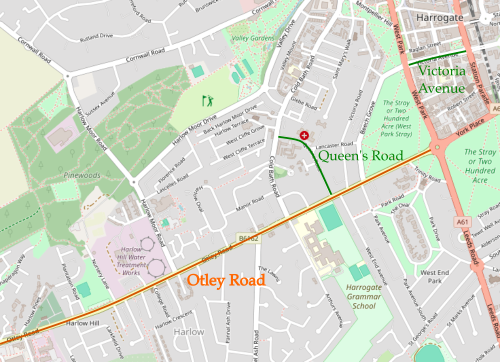 Queen's Road and Victoria Avenue in relation to Otley Road