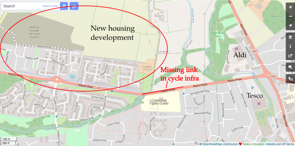 Map showing new housing on A59 Skipton Road, and local shops